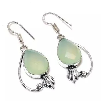 Ювелирные серьги из стерлингового серебра 925 пробы с натуральным зеленым халцедоном 1,77 дюйма H2J94