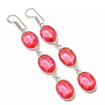 Ювелирные серьги из стерлингового серебра 925 пробы с натуральным розовым рубиллитом 3,03 дюйма J0K90