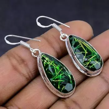 Ювелирные серьги из стерлингового серебра 925 пробы с натуральным зеленым рутилом 1,69 дюйма l9S62