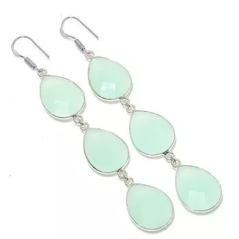 Ювелирные серьги из стерлингового серебра 925 пробы с натуральным зеленым халцедоном 3,74 дюйма Y8K90