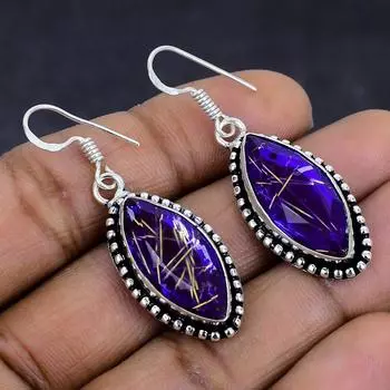 Ювелирные серьги из стерлингового серебра 925 пробы с натуральным фиолетовым рутилом 1,81 дюйма K0a02