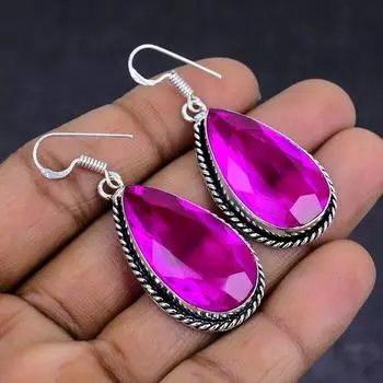 Ювелирные серьги из стерлингового серебра 925 пробы с натуральным розовым рубиллитом 2,01 дюйма a5G35