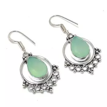 Ювелирные серьги из стерлингового серебра 925 пробы с натуральным зеленым халцедоном 1,85 дюйма I2s65