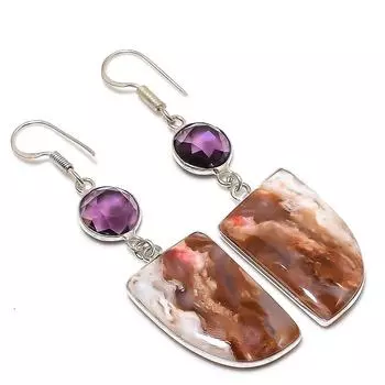 Ювелирные серьги из стерлингового серебра 925 пробы с натуральным африканским мхом и аметистом 2,56 дюйма g9n63