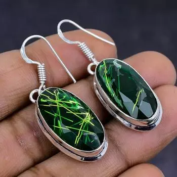 Ювелирные серьги из стерлингового серебра 925 пробы с натуральным зеленым рутилом 1,69 дюйма s0D14