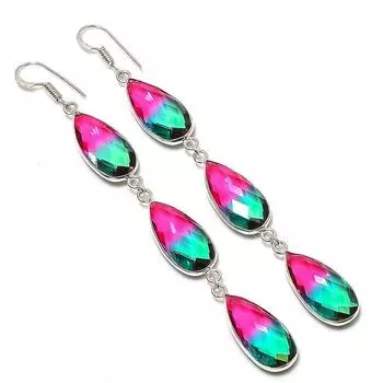 Ювелирные серьги из стерлингового серебра 925 пробы с натуральным двухцветным турмалином 3,66 дюйма F7M07