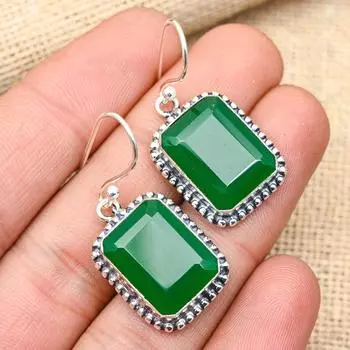 Ювелирные серьги ручной работы из чистого серебра 925 пробы с зеленым ониксом и драгоценным камнем для женщин 1.60 Inches зелёный