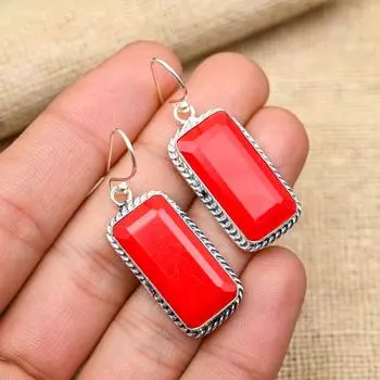 Ювелирные серьги ручной работы из чистого серебра 925 пробы с граненым красным кораллом и драгоценным камнем для нее 2 Inches красный