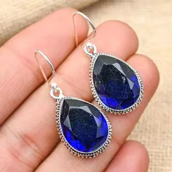 Ювелирные серьги ручной работы из чистого серебра 925 пробы с синим сапфиром, созданный в лаборатории драгоценный камень 1.60 Inches синий