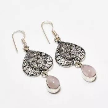 Ювелирные серьги ручной работы из розового кварца с серебряным покрытием 925 пробы 2,08 дюйма