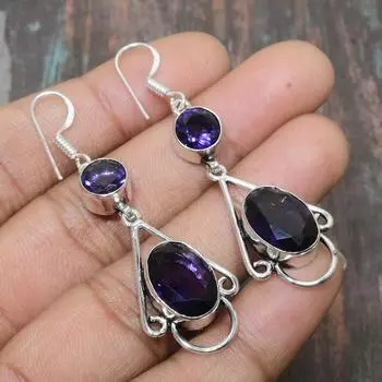 Ювелирные серьги ручной работы из стерлингового серебра 925 пробы с аметистом из твердого камня для женщин 2.36 Inches синий