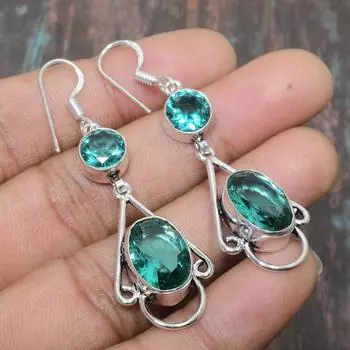 Ювелирные серьги ручной работы из стерлингового серебра 925 пробы с аква-апатитом и драгоценным камнем для нее 2.36 Inches циан