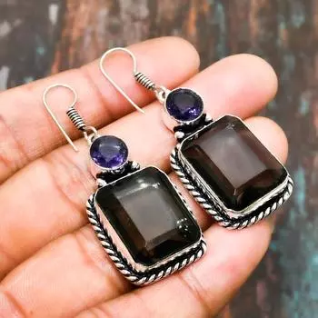 Ювелирные серьги ручной работы из стерлингового серебра 925 пробы с дымчатым топазом и аметистом 2.00 Inches фиолетовый