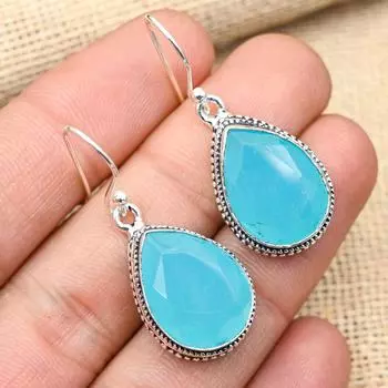 Ювелирные серьги ручной работы из стерлингового серебра 925 пробы с синим халцедоном и драгоценным камнем для нее 1.60 inches синий