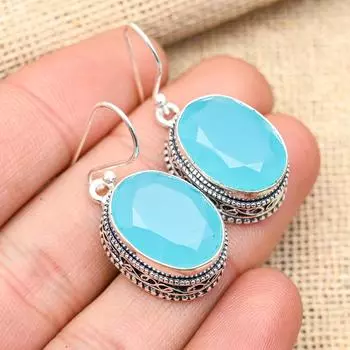 Ювелирные серьги ручной работы из стерлингового серебра 925 пробы с довольно синим халцедоном и драгоценным камнем для нее 1.60 inches синий