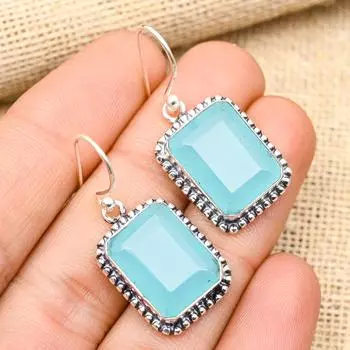 Ювелирные серьги ручной работы из стерлингового серебра 925 пробы с довольно синим халцедоном и драгоценным камнем для нее 1.60 Inches синий