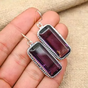 Ювелирные серьги ручной работы из стерлингового серебра 925 пробы с аметистом из твердого серебра для женщин 2 Inches фиолетовый