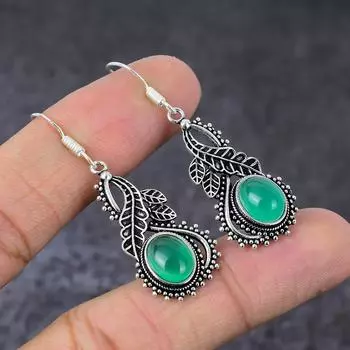 Ювелирные серьги ручной работы из стерлингового серебра 925 пробы с натуральным зеленым ониксом 2 дюйма p7H23