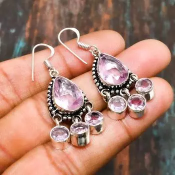 Ювелирные серьги ручной работы из стерлингового серебра 925 пробы с розовым кунцитом и драгоценными камнями на День Благодарения 1.70 Inches розовый