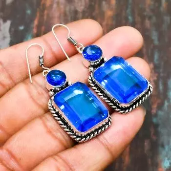 Ювелирные серьги ручной работы из стерлингового серебра 925 пробы с прекрасным швейцарским голубым топазом и драгоценными камнями 2.00 inches синий