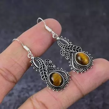 Ювелирные серьги ручной работы из стерлингового серебра 925 пробы с натуральным тигровым глазом 2 дюйма s1s64