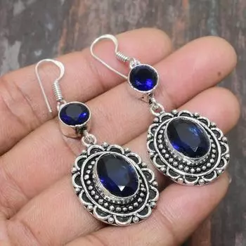 Ювелирные серьги ручной работы из стерлингового серебра 925 пробы с лондонским голубым топазом на День Благодарения 2.36 Inches синий