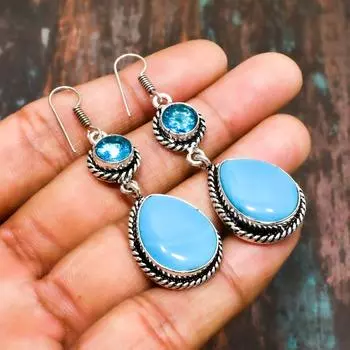 Ювелирные серьги ручной работы из стерлингового серебра 925 пробы с синим халцедоном и драгоценным камнем синего топаза 2.46 Inchge синий