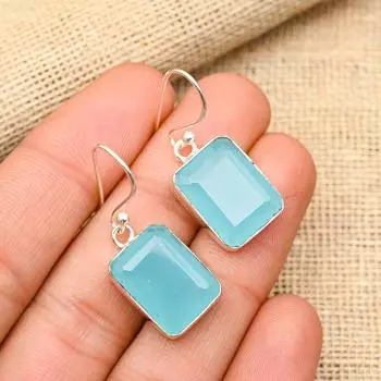 Ювелирные серьги ручной работы из стерлингового серебра 925 пробы с довольно синим халцедоном и драгоценным камнем для нее 1.50 Inches синий