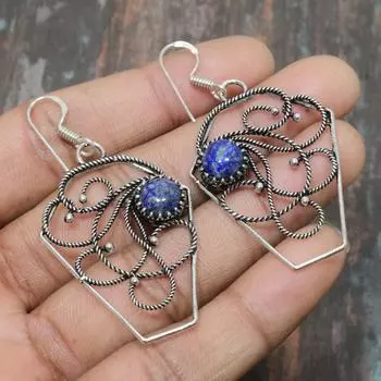 Ювелирные серьги ручной работы из стерлингового серебра 925 пробы с лазуритом и драгоценным камнем для нее 2.36 Inches синий