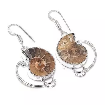 Ювелирные серьги ручной работы из стерлингового серебра 925 пробы с ископаемыми аммонитами 1,81 дюйма D5Q88