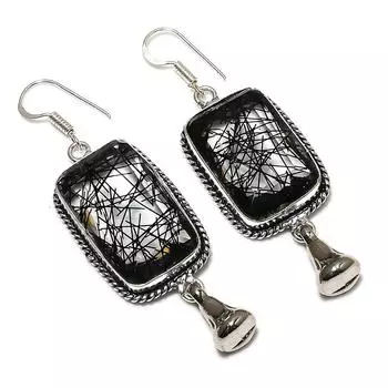 Ювелирные серьги ручной работы из стерлингового серебра 925 пробы с черным рутиловым камнем 2,64 дюйма U7r22