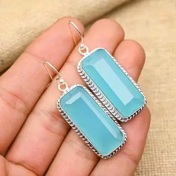 Ювелирные серьги ручной работы из стерлингового серебра 925 пробы с синим халцедоном для нее 2 Inches синий