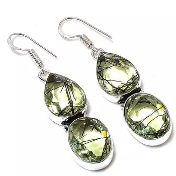 Ювелирные серьги ручной работы из стерлингового серебра 925 пробы с черным рутиловым камнем 2,17 дюйма t3f12