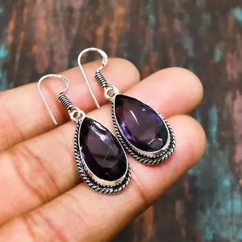 Ювелирные серьги ручной работы из стерлингового серебра 925 пробы с аметистом и драгоценными камнями на День Благодарения 1.51 Inches фиолетовый