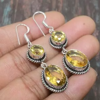 Ювелирные серьги ручной работы из стерлингового серебра 925 пробы с цитрином на День Благодарения 1.97 Inches жёлтый