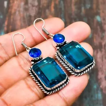 Ювелирные серьги ручной работы из твердого серебра 925 пробы со швейцарским голубым топазом и драгоценными камнями 2.00 Inches синий