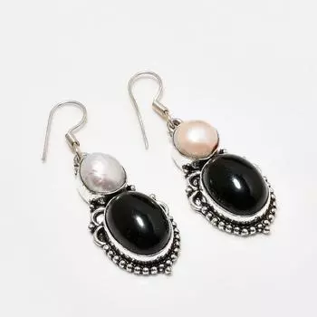 Ювелирные серьги ручной работы с черным ониксом и жемчугом, покрытые серебром 925 пробы, 1,89 дюйма