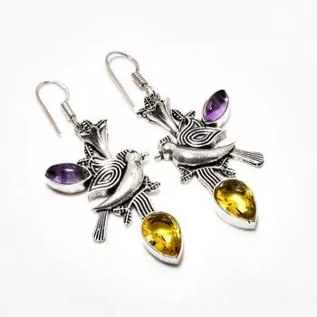Ювелирные серьги ручной работы с цитрином и аметистом, посеребренные 925 пробы, 2,27 дюйма