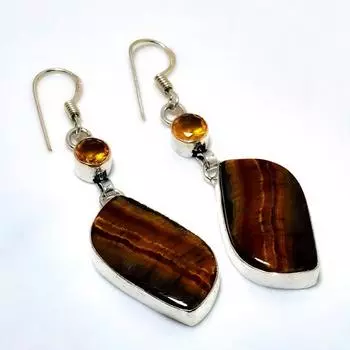Ювелирные серьги ручной работы с цитрином 925 пробы, тигровый глаз, посеребренные, 2,27 дюйма