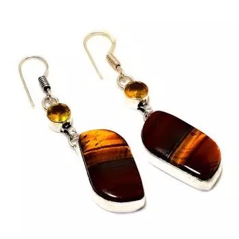 Ювелирные серьги ручной работы с цитрином 925 пробы, тигровый глаз, посеребренные, 2,27 дюйма