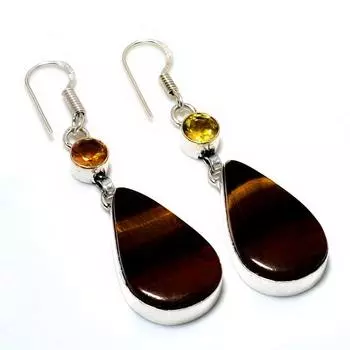 Ювелирные серьги ручной работы с цитрином 925 пробы, тигровый глаз, посеребренные, 2,27 дюйма