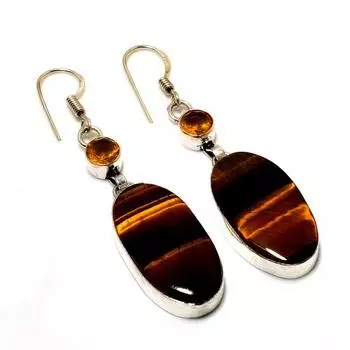 Ювелирные серьги ручной работы с цитрином 925 пробы, тигровый глаз, посеребренные, 2,27 дюйма