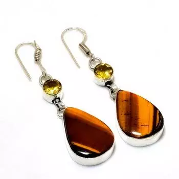 Ювелирные серьги ручной работы с цитрином 925 пробы «Тигровый глаз», посеребренные, 2,00 дюйма