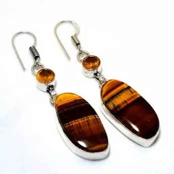 Ювелирные серьги ручной работы с цитрином 925 пробы, тигровый глаз, посеребренные, 2,27 дюйма