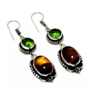 Ювелирные серьги ручной работы с драгоценным камнем 925 пробы Тигровый глаз Перидот, посеребренные, 2,08 дюйма