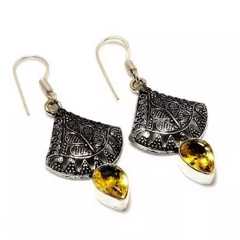 Ювелирные серьги ручной работы с драгоценным камнем цитрин 925 пробы, посеребренные, 1,89 дюйма