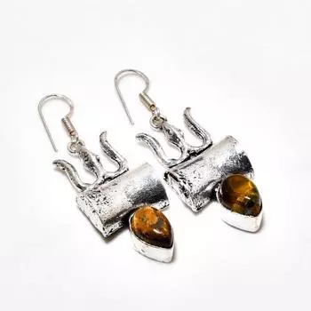 Ювелирные серьги ручной работы с драгоценным камнем «Тигровый глаз» 925 пробы, покрытые серебром, 2,08 дюйма
