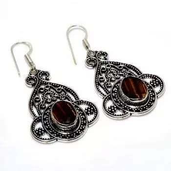 Ювелирные серьги ручной работы с драгоценным камнем 925 пробы «Тигровый глаз», посеребренные, 1,89 дюйма