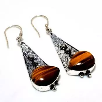 Ювелирные серьги ручной работы с драгоценным камнем 925 пробы Тигровый глаз, посеребренные, 2,27 дюйма
