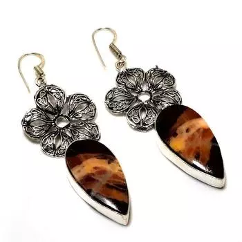 Ювелирные серьги ручной работы с драгоценным камнем 925 пробы капучино и яшмой, посеребренные, 2,65 дюйма